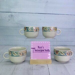 Lynn's China MAIBU Seashell Stoneware Blue Green Rim Flat 10oz Cup Mug Set of  4